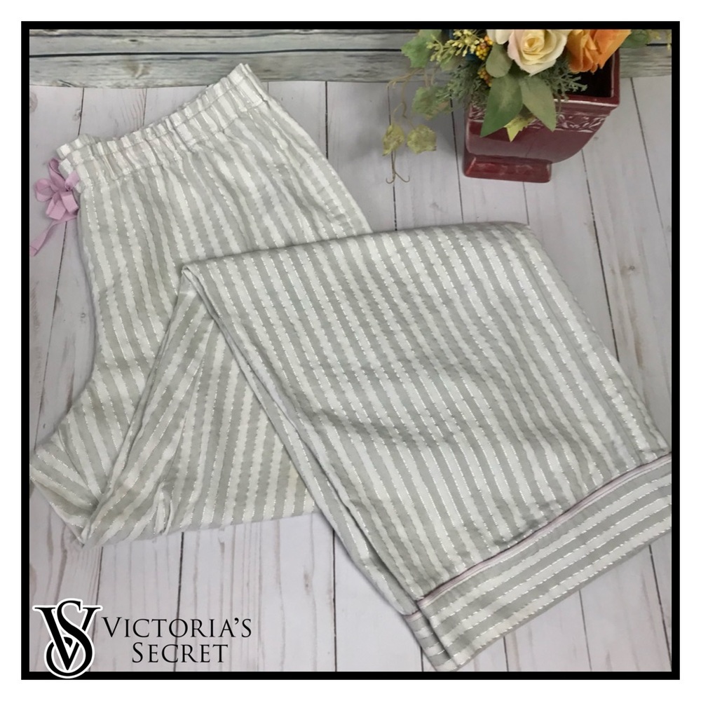Victoria's Secret Silver & White Striped Lounge Pants with Pink Bow